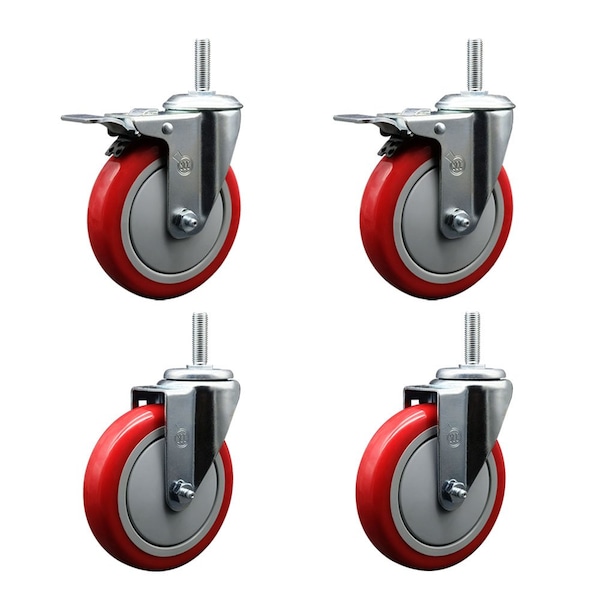 Service Caster 5 Inch Red Polyurethane Swivel 58 Inch Threaded Stem Caster Set 2 Total Lock Brakes SCC-TSTTL20S514-PPUB-RED-58212-2-S-2 - main